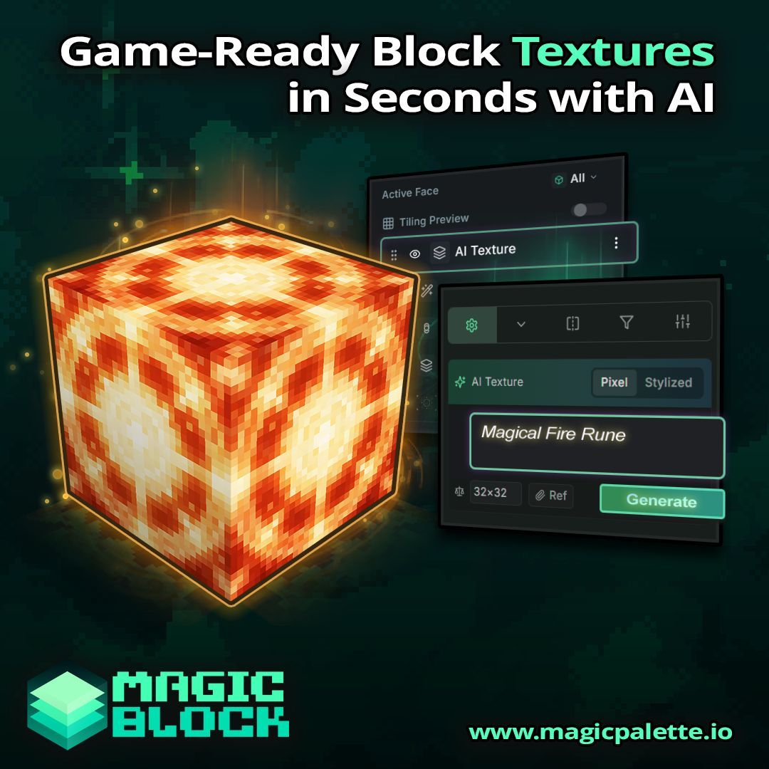 Stuck for ideas? From "Magical Fire Rune" to "Retro Console," if you can describe it, our AI can create it. Generate stunning, game-ready block textures from a simple text prompt. Your world is waiting. 🗺️ ✨ 

Try Magic Block today! magicpalette.io 

#GameDev #VoxelArt