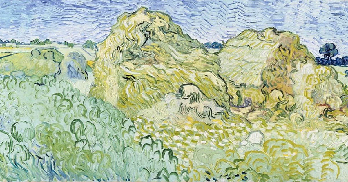 VanGoghTheLife's tweet image. #VanGogh of the Day: Field with Stacks of Grain, July 1890. Oil on canvas, 50.0 x 100.0 cm. Fondation Beyeler, Riehen/Basel, Switzerland.