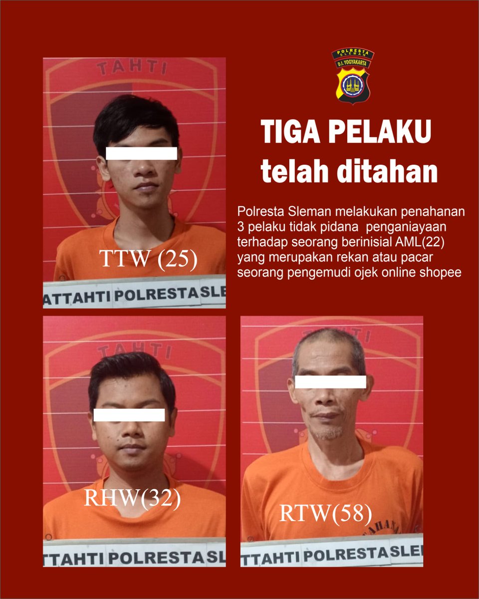 Polresta Sleman tahan 3 pelaku penganiayaan terhadap AML (22), rekan seorang driver ojol Shopee.
Insiden terjadi Kamis malam (3/7) &amp; dilaporkan keesokan harinya.
Kapolresta Sleman: Penegakan hukum dilakukan secara profesional &amp; tegas.

#PolrestaSleman #PoldaDIY #Penganiayaan