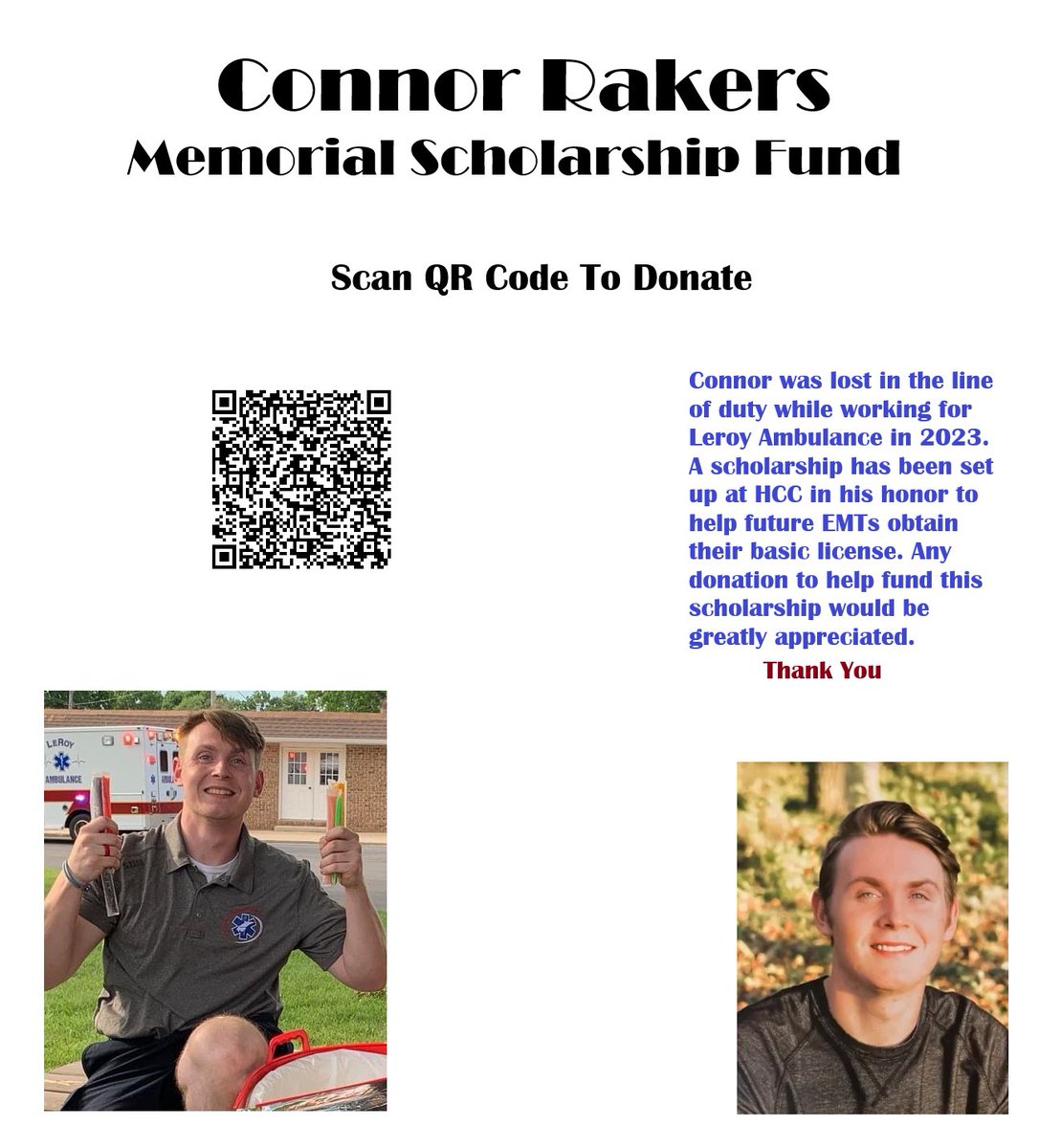 JeffSiegmund's tweet image. Any donations to help fund this scholarship would help to keep the memory and name of a great young man alive. It would also help Connor to keep giving back to his community by helping new EMTs to follow in his footsteps. #NeverForget  #ThankYouforsupporting