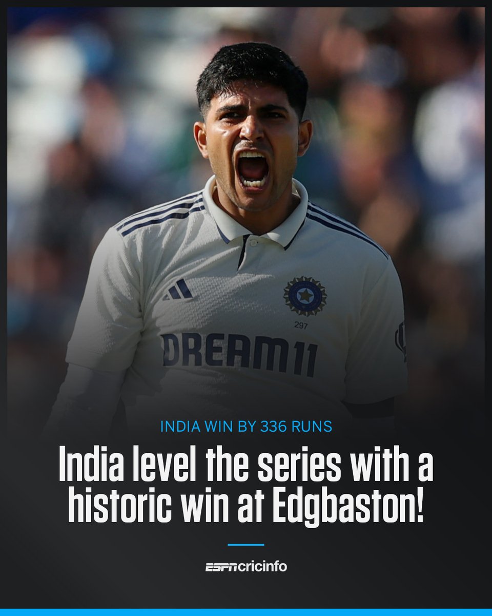 ESPNcricinfo's tweet image. SERIES LEVELLED! INDIA WIN A TEST AT EDGBASTON FOR THE FIRST TIME IN NINE ATTEMPTS! 🇮🇳
