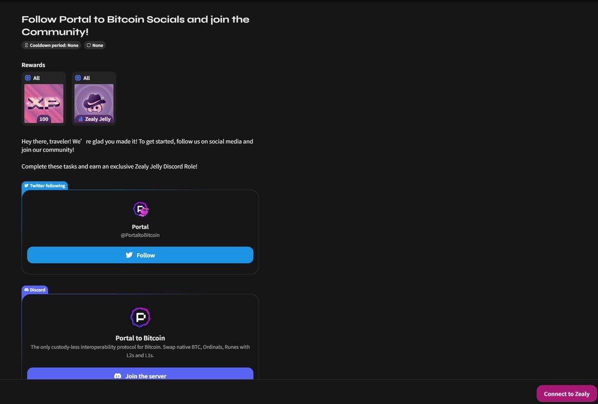 今天更新一个coinbase领投4300万的项目portal <a href="/PortaltoBitcoin/">Portal</a>教程 ,我上个月没怎么撸，现在开始补这个作业，今天把zealy的徽章都领了一下，这个项目可能听说九月份就空投了，没做的可以抓紧做起来了 <a href="/KaitoAI/">Kaito AI 🌊</a> 
目前主要是徽章任务
入口：hub.portaltobitcoin.com/login

1:进入链接社交可以领取五个徽章