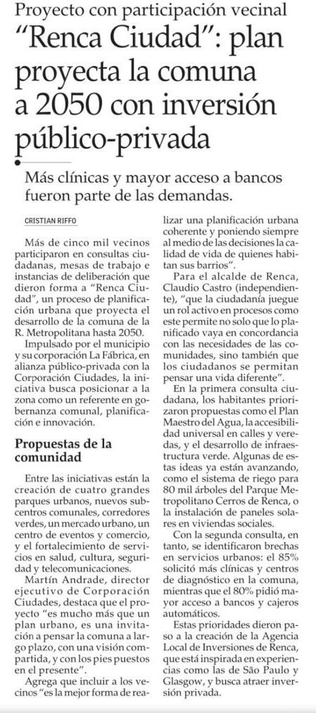 Renca Ciudad: Avanzamos hacia una mejor planificación, potenciando inversiones públicas y privadas en la comuna.

Hoy <a href="/__elmercurio/">El Mercurio</a> destaca nuestro plan con <a href="/CCiudades/">Corporación Ciudades</a> que a través de un fuerte trabajo participativo proyecta nuestras prioridades para seguir haciendo crecer Renca