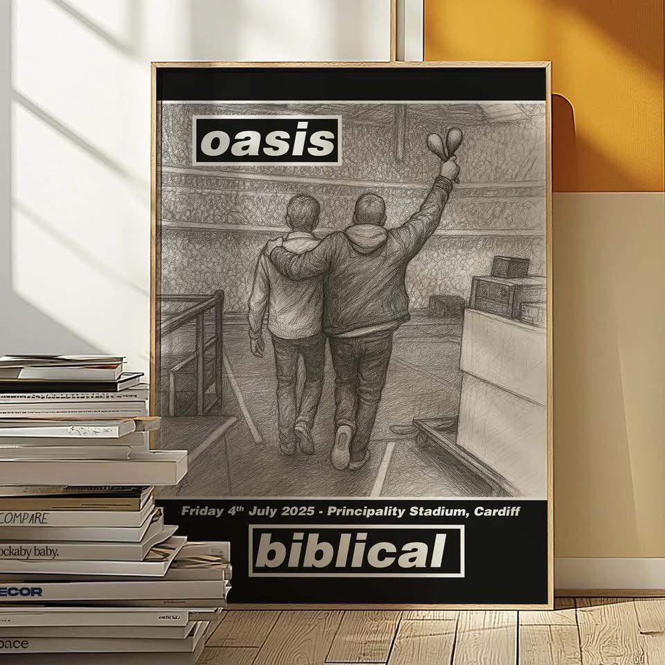 MrsCrumpler's tweet photo. Awesome new print by @StripedCircle celebrating the return of @oasis! 

#oasislive25 #oasis #LiamGallagher #Noelgallagher https://t.co/E2LsK03WOl