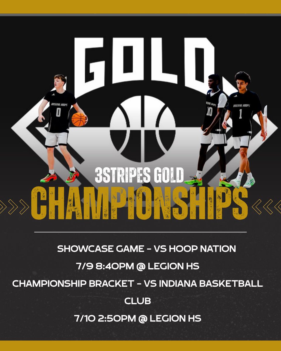 16U Gold Schedule 
🏀 3Stripes Gold Championship
📍 Rock Hill, SC
🆚 Hoop Nation (7/9 8:40pm showcase game)
🆚 Indiana Basketball Club (7/10 2:50pm bracket play)

#Production #Earned