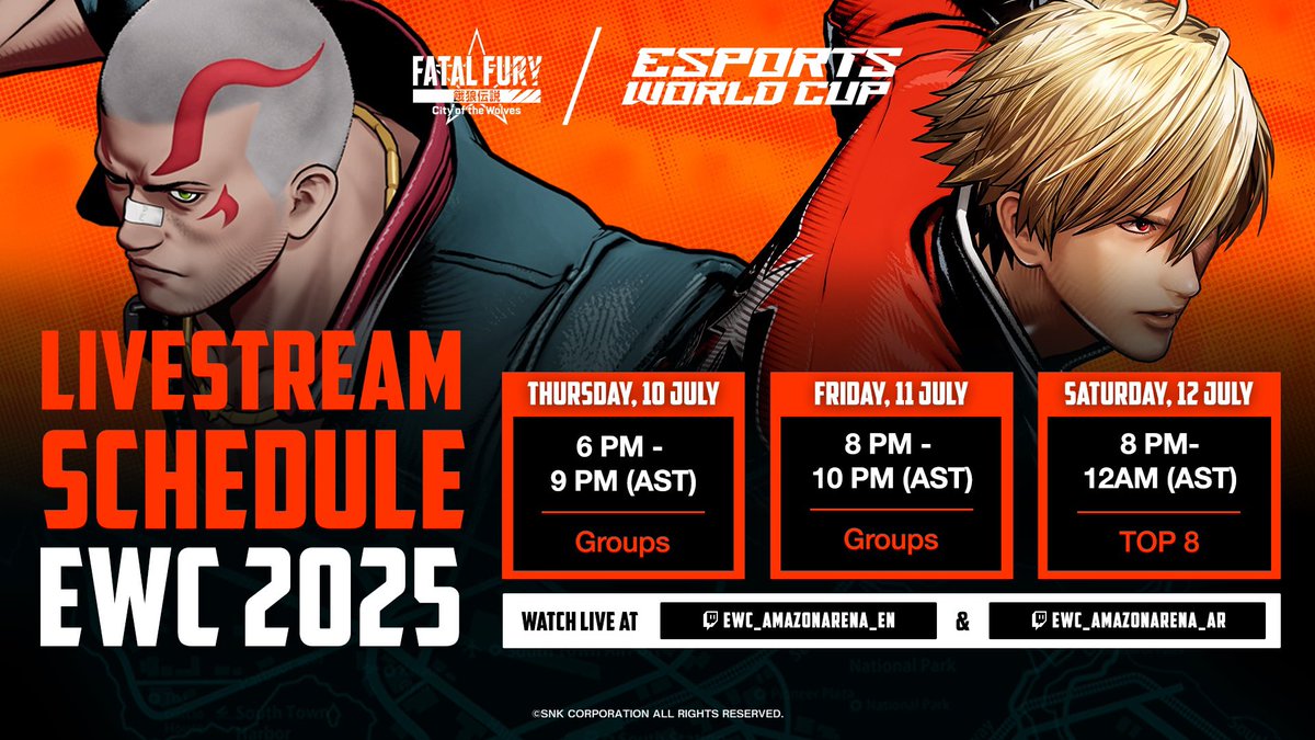 SNK esports official (@snk_esports_hub) on Twitter photo FATAL FURY: City of the Wolves kicks off at <a href="/EWC_EN/">Esports World Cup</a> 2025 next week on Thursday, 10 July.
Here is the livestream schedule so you don't miss out on the action wherever you are.
#EWC2025 FATAL FURY: City of the Wolves kicks off at <a href="/EWC_EN/">Esports World Cup</a> 2025 next week on Thursday, 10 July.
Here is the livestream schedule so you don't miss out on the action wherever you are.
#EWC2025