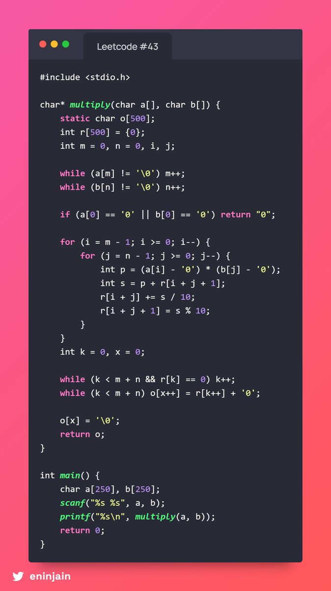 eninjain's tweet image. 🔢 #43 Multiply Strings
Two ancient scrolls 📜📜 with giant numbers! No number spells allowed 🛑 — multiply digit by digit ✨, stash results in a magic array 🪄, carry boosts ⚡, skip zero illusions 🪶.
Time: O(m×n) Space: O(m+n)
#CodeSorcery 🧙♂️ #LeetCodeMagic