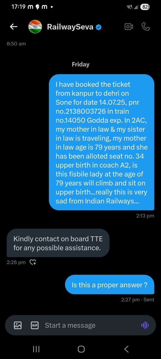 sanaysingh's tweet image. @AshwiniVaishnaw sir kindly see what reply has given to me by Railseva..
Is this a proper reply ?