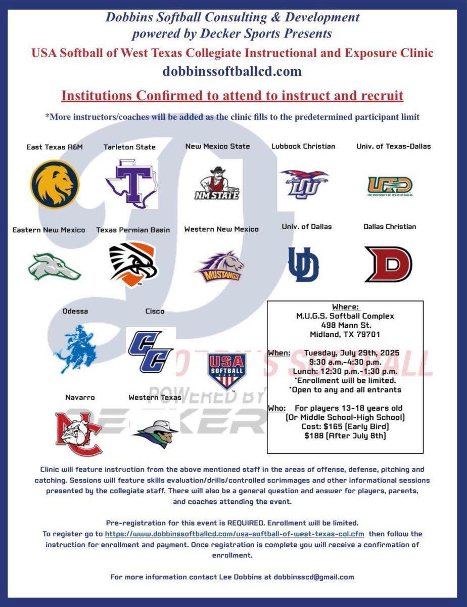 Coach Monti Van Brunt⢠(@montivb) on Twitter photo šØDCC headed west soon!! USA Softball of West Texas Collegiate Instructional and Exposure Clinic
Tuesday July 29th - Midland
M.U.G.S. Softball Complex
498 Mann St.
Midland, TX 79701
Sign up today! š©āš»
dobbinssoftballcd.com/usa-softball-o⦠šØDCC headed west soon!! USA Softball of West Texas Collegiate Instructional and Exposure Clinic
Tuesday July 29th - Midland
M.U.G.S. Softball Complex
498 Mann St.
Midland, TX 79701
Sign up today! š©āš»
dobbinssoftballcd.com/usa-softball-oā¦