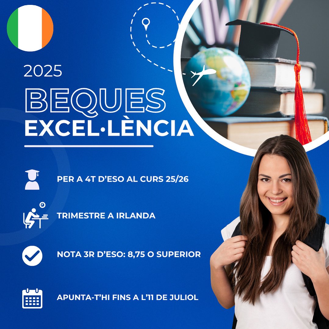 EDUNIB (@edun_ib) on Twitter photo 📢 El <a href="/goib/">Govern de les Illes Balears</a> posa en marxa, per primera vegada, les Beques d’Excel·lència per a estudiants de 4t d’ESO.
🇮🇪 Amb una nota igual o superior a 8,75, podran fer un trimestre a Irlanda el curs 2025-2026.
📅 Sol·licituds fins a l’11 de juliol
🔗 tn.caib.es/W1uZm3qDP6Pm 📢 El <a href="/goib/">Govern de les Illes Balears</a> posa en marxa, per primera vegada, les Beques d’Excel·lència per a estudiants de 4t d’ESO.
🇮🇪 Amb una nota igual o superior a 8,75, podran fer un trimestre a Irlanda el curs 2025-2026.
📅 Sol·licituds fins a l’11 de juliol
🔗 tn.caib.es/W1uZm3qDP6Pm