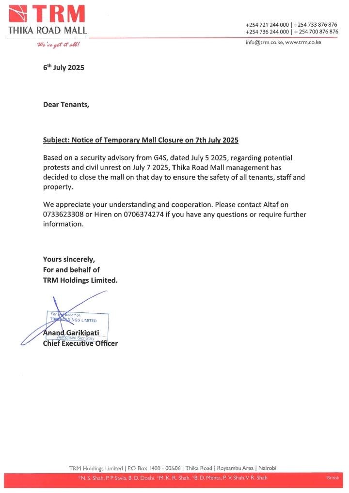 Thika Road Mall (TRM) issues notice of full-day closure on Monday ahead of anticipated #SabaSaba2025 nationwide protests, joining a growing list of institutions adjusting operations in response to the current public mood. #77NiNumbers