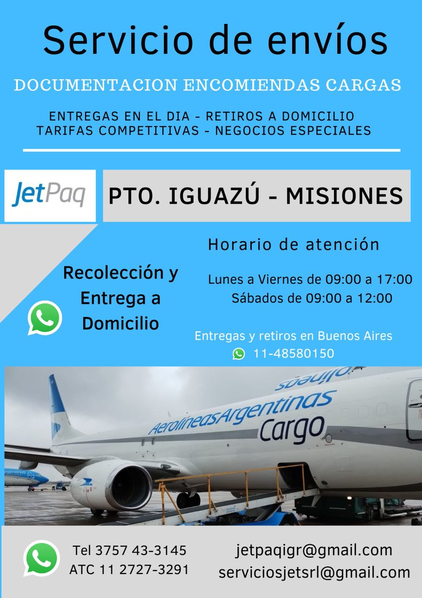 Servicios_Jet's tweet photo. Servicio de recolección y entrega puerta a puerta en todo el pais en menos de 24 hs.
Courier Internacional
Oficina Puerto Iguazú ! ✈️
#URGENTE #ortopedia #logistica #registro #andreani #encomiendas #correoargentino #laboratorio #puertaapuerta #buenosaires #argentina #neuquen #Posadas #iguazu #bariloche #CabalenAlters