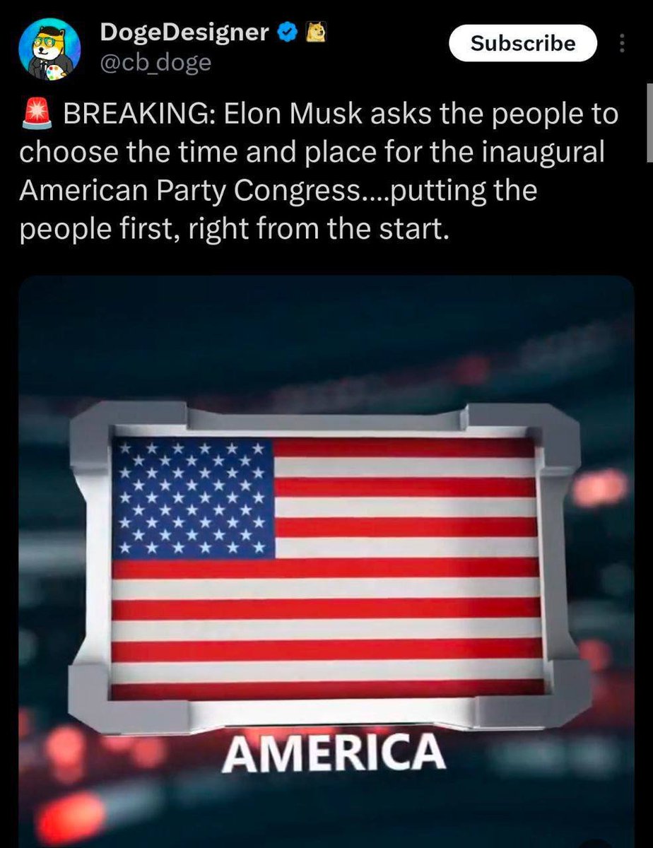 AMERICA__CTO's tweet photo. @cb_doge hinted Elon asked people to pick time &amp; place for the inaugural AMERICAN PARTY CONGRESS. elon  also dropped 'AMERICA' without a ticker — the clearest hint yet that $AMERICA is the ultimate ticker and name."
Join the  movement

0x007d3acc903fe396c2f6d6e8ee0c5fad95d5e555 https://t.co/UQVyNQf64O