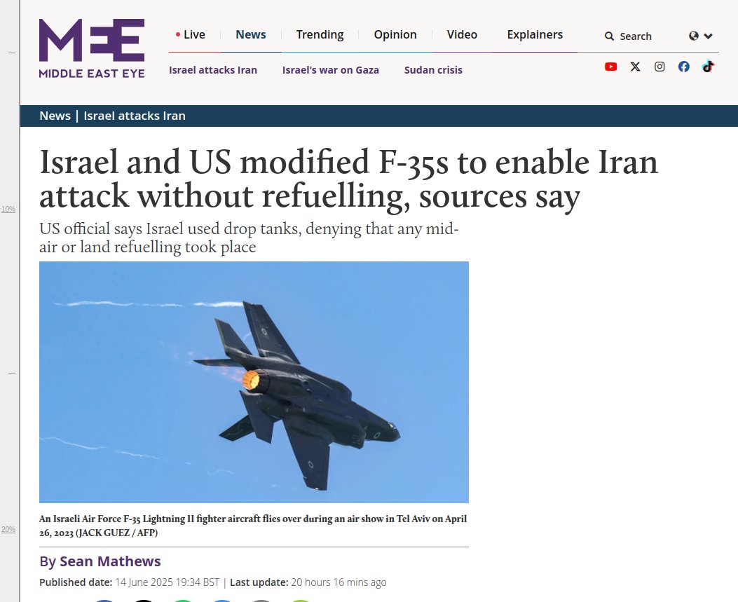 BrianJBerletic's tweet photo. 🇺🇸🇮🇱🇮🇷How Premeditated Were US-Israeli Strikes on Iran? Joint Program to Extend F-35 Range Suggests Months-Year+

▪️Middle East Eye claims US officials revealed a US-Israeli program to extend the range of F-35 fighters specifically to enable an Israeli first-strike on Iran; 

▪️The program would have involved months to a year or more of designing, development, testing, and implementation on a large enough scale to carry out the attacks successfully; 

▪️This is in addition to Israeli media claims that the US performed refueling operations during the strikes - even as President Trump pretended to "negotiate" with Iran; 

▪️US B2 strikes would have required at least weeks of preparations and planning - meaning the decision to strike was made before the first US negotiators sat down with Iranian counterparts they fully intended to betray; 

Sources:

MEE: https://t.co/Vs8nQSbOdw
Israel Hayom: https://t.co/3CrGx313Ma