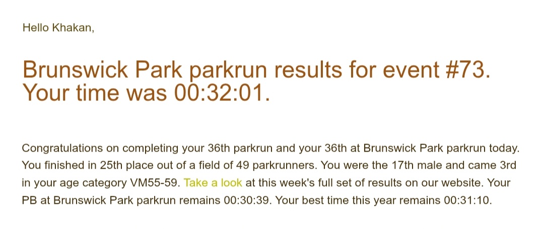 Yesterday, the weather was better, so I ran more than walk at the ParkRun. My time was better too 32.01