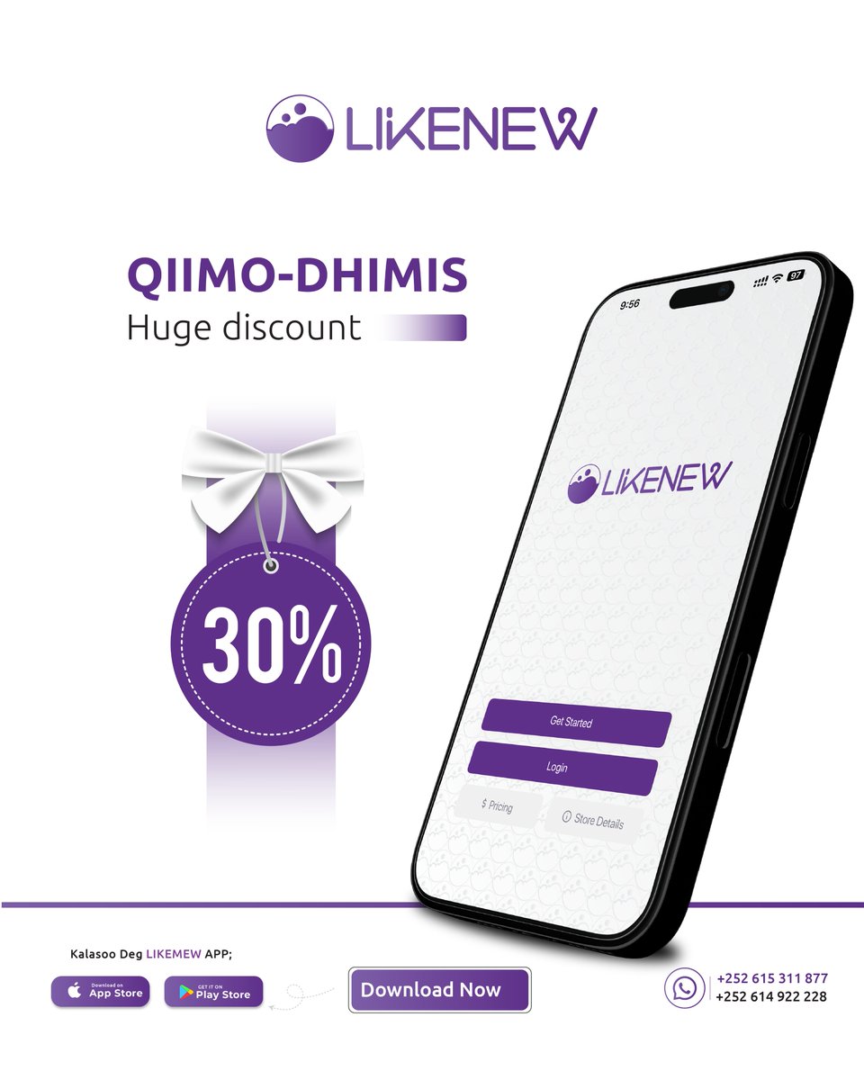 30% DISCOUNT!
We’re offering our valued customers a 30% discount on all services — valid from July 6th to July 10th!

Download the LIKENEW App and place your first order now:
Available on App Store and Play Store👇
🔗 swiy.co/likenew
📞 Contact us:
+252 615 311 877