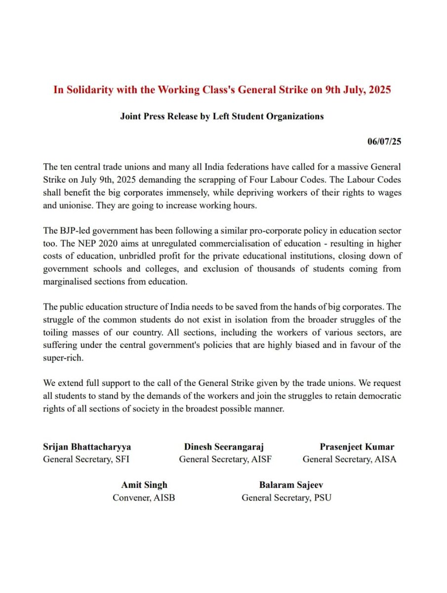 In Solidarity with the Working Class's General Strike on 9th July

We extend full support to the call of the General Strike given by the trade unions. We request all students to stand by the demands of the workers and join the struggles to retain democratic rights (1/2)