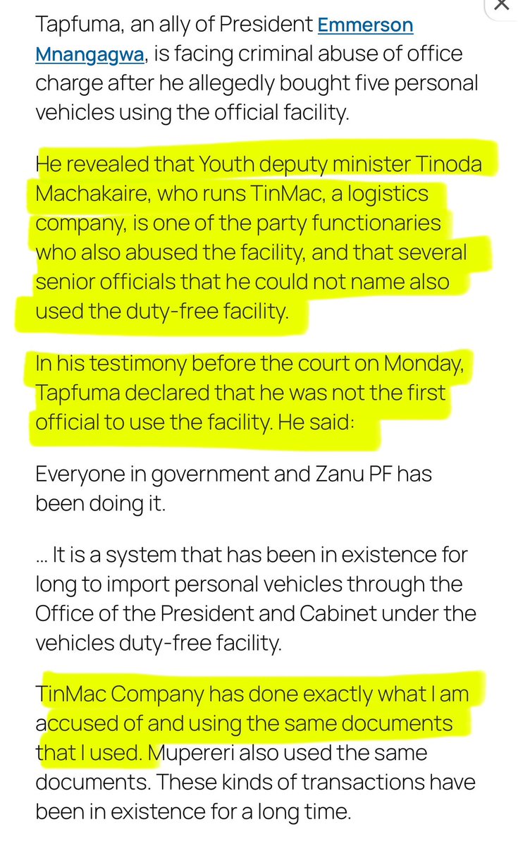 🔸Good day Minister <a href="/HonMachakaire/">Hon Minister Machakaire</a>,

Please answer yes/no.

1. Are you aware that your name came up in the criminal abuse of office trial of Douglas Tapfuma, a former State House official?

2. Do you know that he was on trial for abusing a government facility to import five