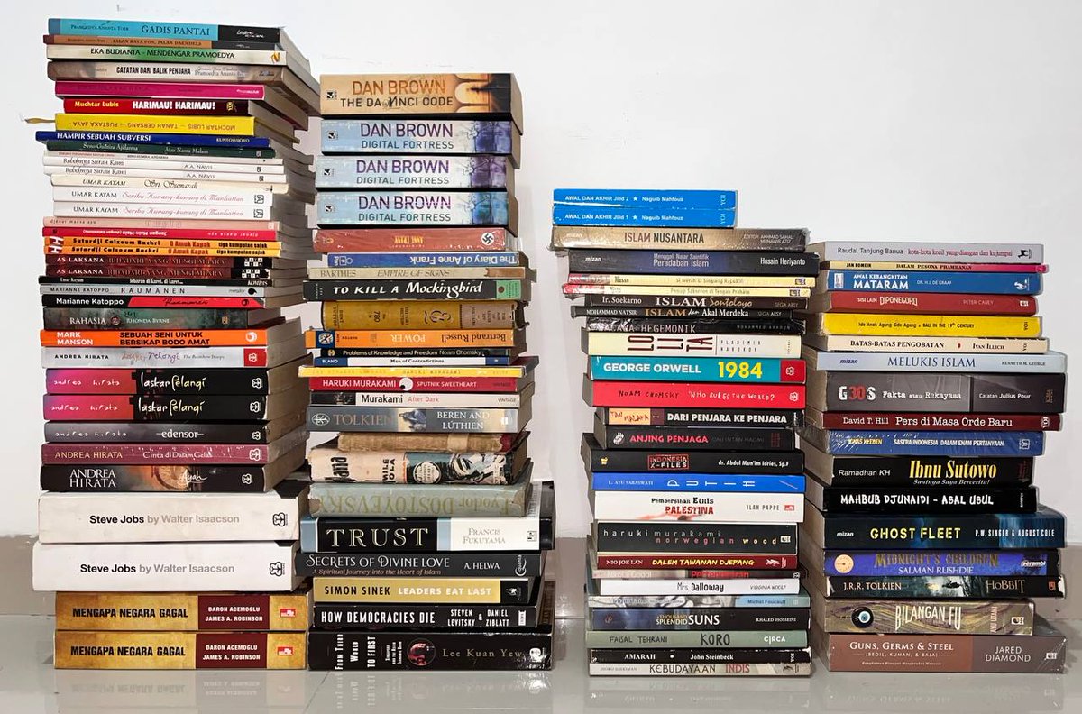 Halo, kawan-kawan. Setelah hampir dua bulan hiatus (karena urus pernikahan), akhirnya kami kembali

Kami tawarkan puluhan buku. Sila dizoom. Ada Pramoedya Ananta Toer, Andrea Hirata, dll. Dm untuk pesan ya, jangan sungkan

Terima kasih untuk yang sudah bantu ritwit dan like. 🥰❤️‍🔥