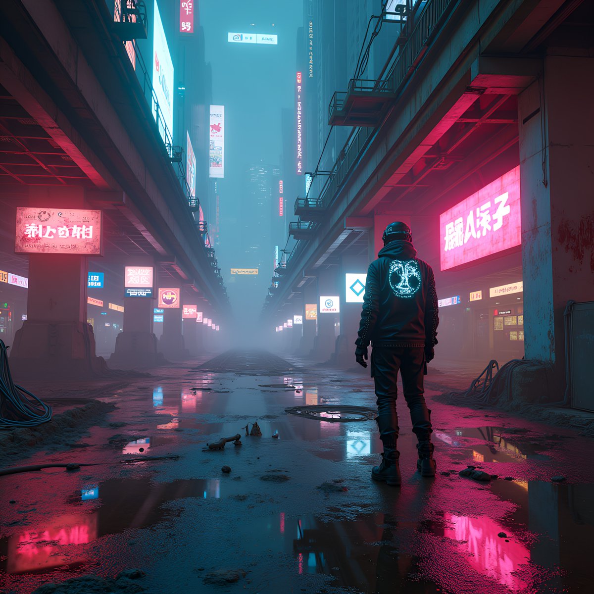 PromptSin's tweet image. Lost in the neon-lit dystopia 🌆💀 #Cyberpunk #FutureVibes