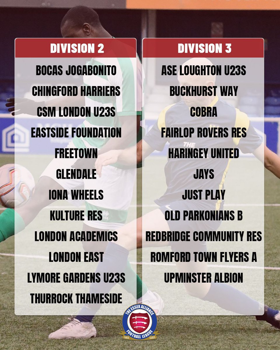 𝗟𝗘𝗔𝗚𝗨𝗘 𝗟𝗜𝗡𝗘-𝗨𝗣 𝟮𝟬𝟮𝟱/𝟮𝟲 

A new division &amp; lots of new names confirmed in the constitution following this week's AGM. Big welcome to all of our new clubs! 🤝

East &amp; west placings are provisional subject to ground confirmations

#eal #essexallianceleague
