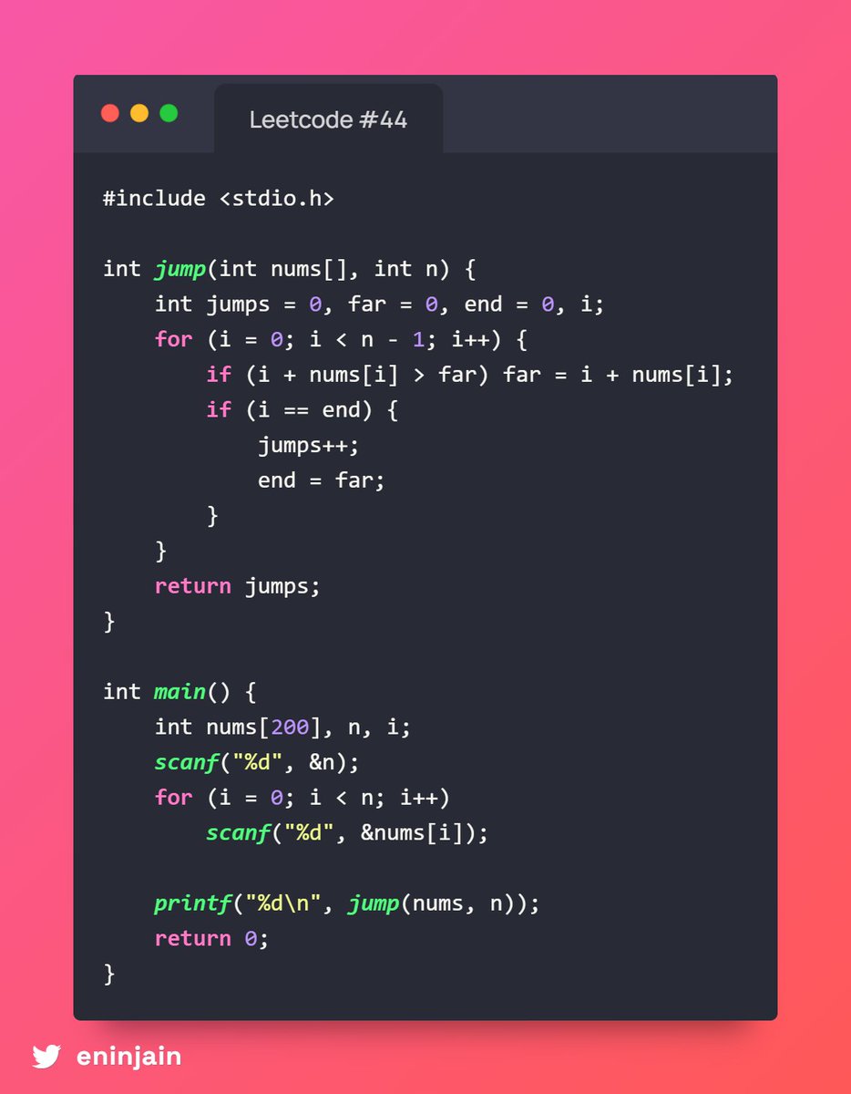 eninjain's tweet image. 🔢 #45 Jump Game II
A fearless leap quest ⚔️! Stones hold numbers showing how far you can soar 🌉✨. Track max reach 🌌, jump only when fate demands 🦘, and claim victory at the final stone 🔮.
Time: O(n) Space: O(1)
#CodeQuest #LeetCodeMagic #GreedyAlchemy