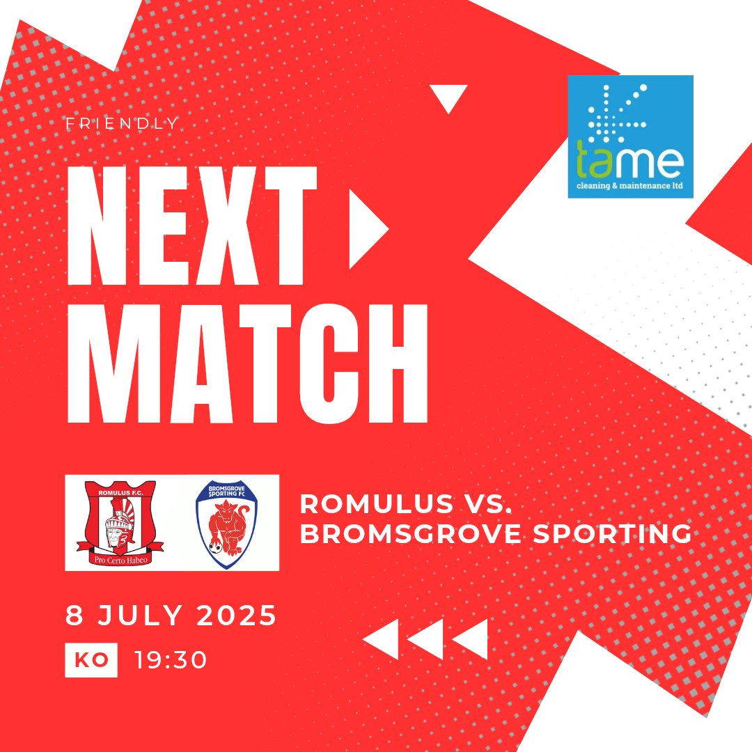 Romulus Football Club (@romulus_fc) on Twitter photo ⚽️ NEXT UP ⚽️
Join us at the Dominos Arena for our friendly against <a href="/SportingFC/">Bromsgrove Sporting</a> on Tuesday evening! 🤩
🚨 Just a reminder that it is CASH ONLY at the gate.
🗓 Tuesday 8th July
🕖 Kick-Off: 7:30PM
Adults: £7
Concessions: £4
Kids: £1
#RomulusFC #UTR 🔴⚪️ ⚽️ NEXT UP ⚽️
Join us at the Dominos Arena for our friendly against <a href="/SportingFC/">Bromsgrove Sporting</a> on Tuesday evening! 🤩
🚨 Just a reminder that it is CASH ONLY at the gate.
🗓 Tuesday 8th July
🕖 Kick-Off: 7:30PM
Adults: £7
Concessions: £4
Kids: £1
#RomulusFC #UTR 🔴⚪️