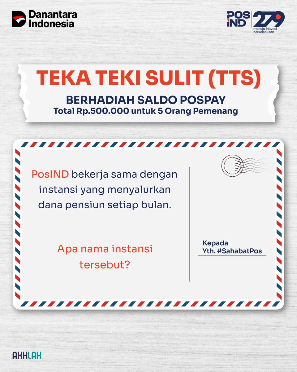 PosIndonesia's tweet photo. Pertanyaan #TekaTekiSulit (TTS) hadir untuk memberi kesempatan kepada #SahabatPos mendapatkan hadiah saldo #Pospay.

Caranya mudah banget di slider ke2 

Semoga dirimu yang beruntung.
Sttt.. jawaban ada di konten hari-hari sebelumnya loh!

#PosIND
#PosIndonesia
#KantorPos
#tts https://t.co/A90duPmMeS