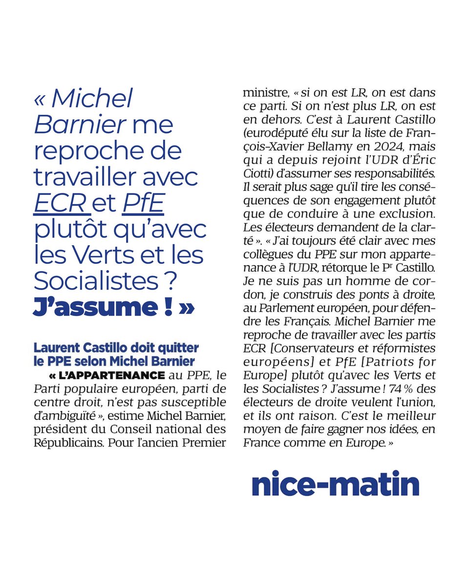 Avec le Pr. Castillo (@avecprcastillo) on Twitter photo 🗞️ « <a href="/MichelBarnier/">Michel Barnier</a> me reproche de travailler avec ECR et PfE plutôt qu’avec les Verts et les Socialistes ? J’assume ! »
Oui, le <a href="/PrLCastillo/">Pr. Laurent Castillo</a> travaille à l’union des droites au Parlement européen. C’est la volonté de 74% des électeurs de droite (dont 68% des LR) ! 👊 🗞️ « <a href="/MichelBarnier/">Michel Barnier</a> me reproche de travailler avec ECR et PfE plutôt qu’avec les Verts et les Socialistes ? J’assume ! »
Oui, le <a href="/PrLCastillo/">Pr. Laurent Castillo</a> travaille à l’union des droites au Parlement européen. C’est la volonté de 74% des électeurs de droite (dont 68% des LR) ! 👊