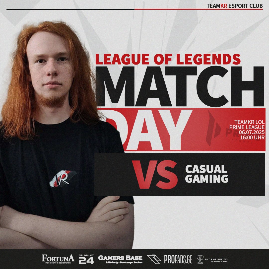 [ LoL | Matchday ]

Heute ab 16:00 Uhr spielt unser LoL-Team wirklich gegen Casual Gaming in der <a href="/PrimeLeague/">Die Techniker Prime League</a>, Liga 7.

Übertragen wird das Match von <a href="/derMiniwini/">derMiniwini</a>.

🏆 PRIME League Gruppe 7.1
🆚 Casual Gaming
⏰ 16:00 Uhr
📺 ttv/derminiwini

#PRIMELeague #LoL #teamKR #Twitch
