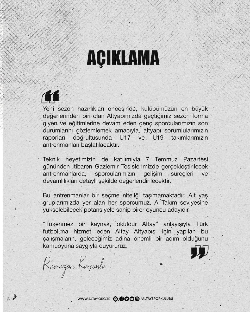 Yeni sezon hazırlıkları öncesinde, kulübümüzün en büyük değerlerinden biri olan Altyapımızda geçtiğimiz sezon forma giyen ve eğitimlerine devam eden genç sporcularımızın son durumlarını gözlemlemek amacıyla, altyapı sorumlularımızın raporları doğrultusunda U17 ve U19