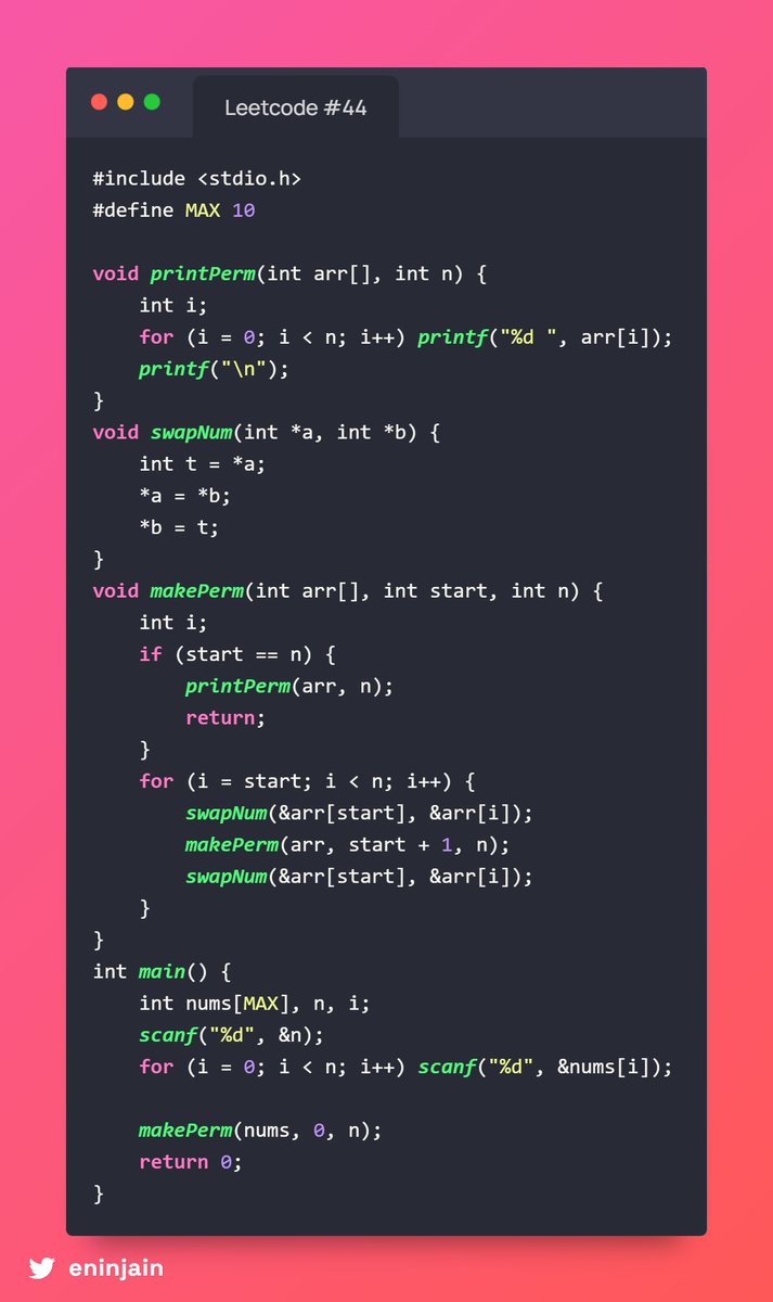 eninjain's tweet image. 🔢 #46 Permutations
A reshuffling ritual 🔮! Given numbers, conjure every possible order ✨. Use backtracking magic 🔁, swap like enchanted runes 🧙♂️, explore all paths 🌌, and record each spell scroll 📜.
Time: O(n×n!) Space: O(n)
#LeetCodeMagic #FunCoding