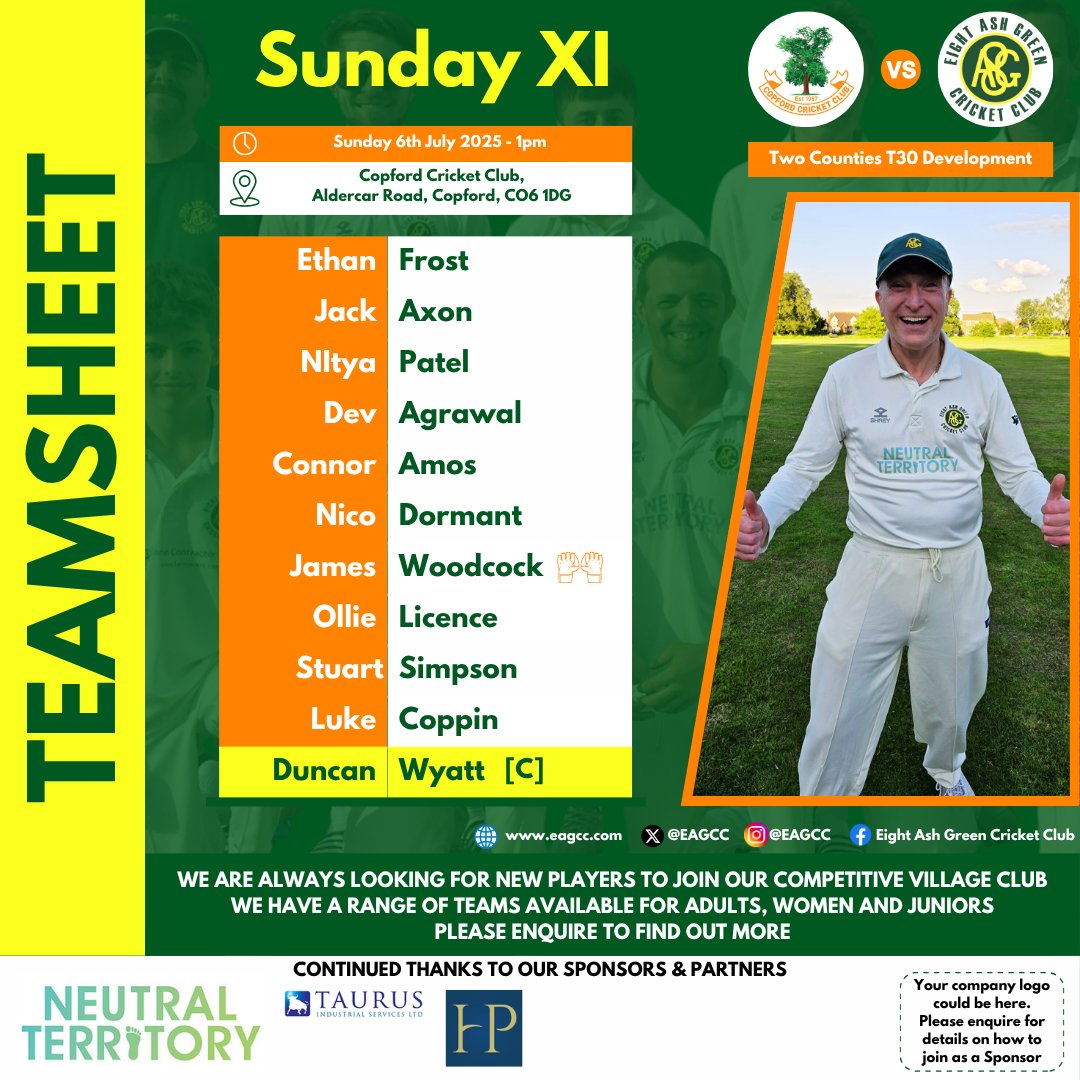 Today, the Sunday XI travel to <a href="/CopfordCC/">Copford Cricket Club</a> for their fixture 🏏
.
Here's our lineup, good luck to the team! 💪
.
#EAGCC #EightAshGreenCricketClub #EightAshGreen #ComeOnTheGreen