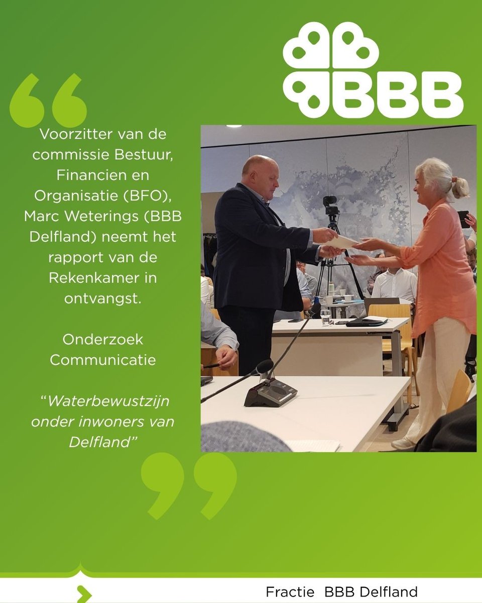 Afgelopen donderdag mocht Marc Weterings, voorzitter van de commissie BFO, van de Rekenkamer het rapport over waterbewustzijn in ontvangst nemen. Wij zullen het rapport de komende tijd met interesse bestuderen en er lessen en conclusies uit trekken.