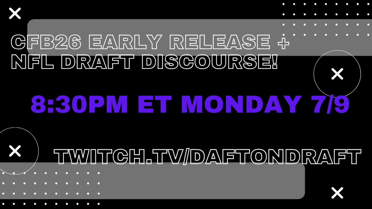 DaftonDraft's tweet image. COLLEGE FOOTBALL 26 EARLY RELEASE TOMORROW!
You know what that means... all new dynasty, all new game. Same damn NFL Draft discourse in the chat. Come on through and let's start the new game off with a bang!
twitch.tv/daftondraft