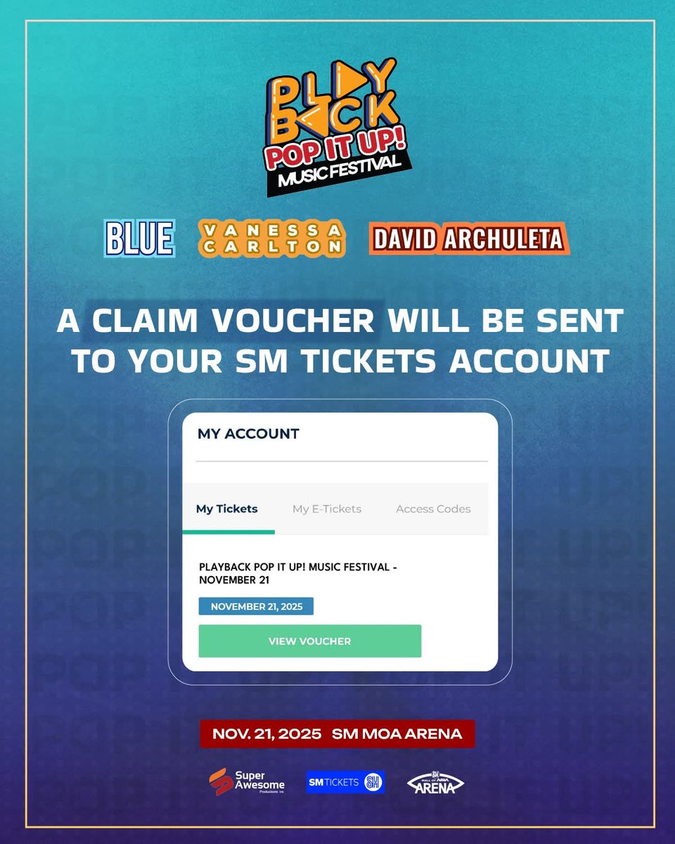 playback_fest's tweet image. Pop. Passion. Energy!
If you haven’t secured your tickets yet — this is your sign!

Experience the Playback Pop It Up Music Festival with Blue, Vanessa Carlton, and David Archuleta live in one epic night!

Book your seats now before they&apos;re gone! smtickets.com/events/view/14…