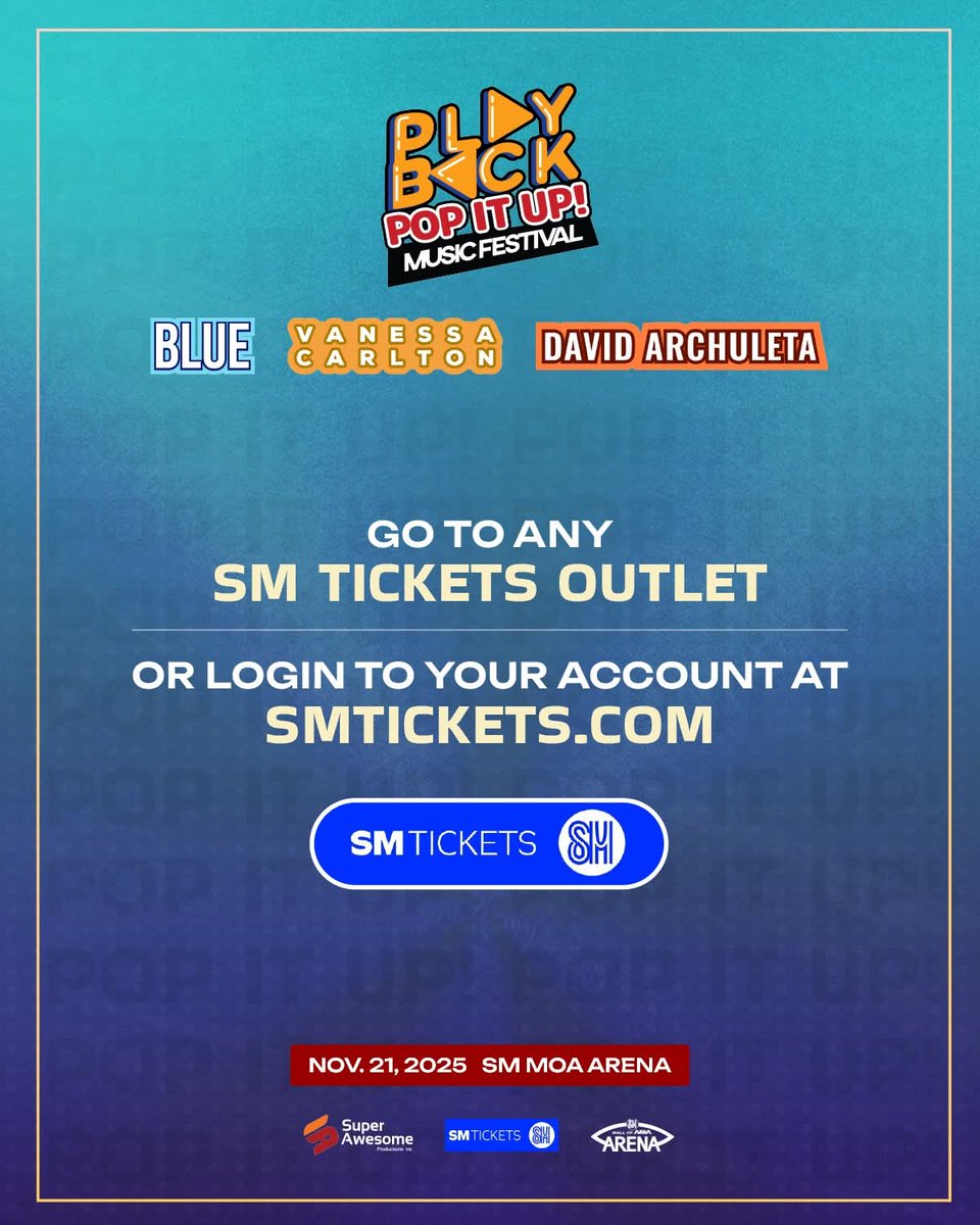 playback_fest's tweet image. Pop. Passion. Energy!
If you haven’t secured your tickets yet — this is your sign!

Experience the Playback Pop It Up Music Festival with Blue, Vanessa Carlton, and David Archuleta live in one epic night!

Book your seats now before they&apos;re gone! smtickets.com/events/view/14…