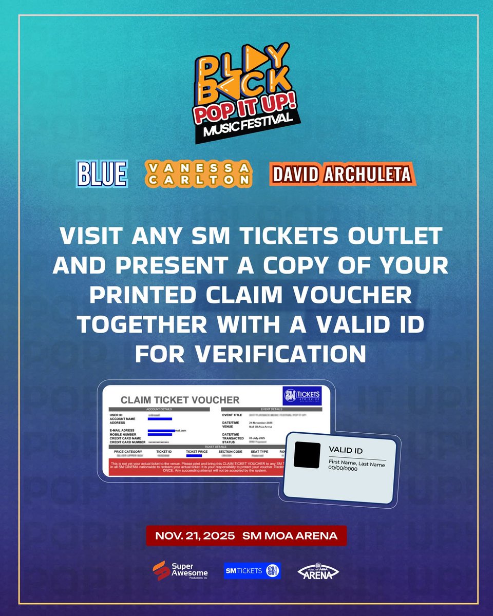 playback_fest's tweet image. Pop. Passion. Energy!
If you haven’t secured your tickets yet — this is your sign!

Experience the Playback Pop It Up Music Festival with Blue, Vanessa Carlton, and David Archuleta live in one epic night!

Book your seats now before they&apos;re gone! smtickets.com/events/view/14…