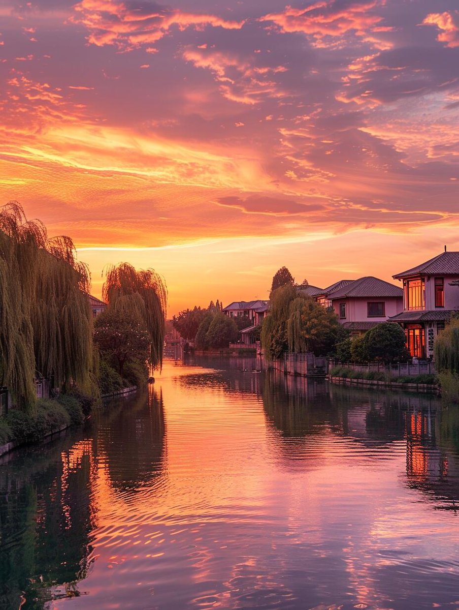 青石板路在脚下泛起琥珀光
整座小镇被晚霞点着了
火烧云 从西山头倾泻而下
将白墙黛瓦浇铸成赤铜
连飞过的鸟群都成了飘散的火星
#互关
