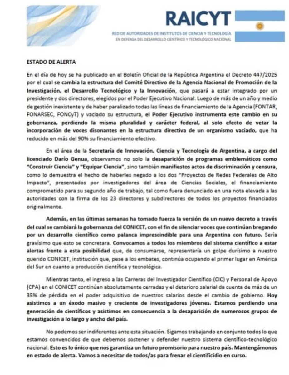 La Ciencia molesta, por eso hay que acabar con las y los científicos.

Desmantelamiento del sistema público de investigación en Argentina. Como en USA.

Cuando veas las barbas de tu vecino cortar, piensa muy bien a quien vas a votar.

♥️🇦🇷