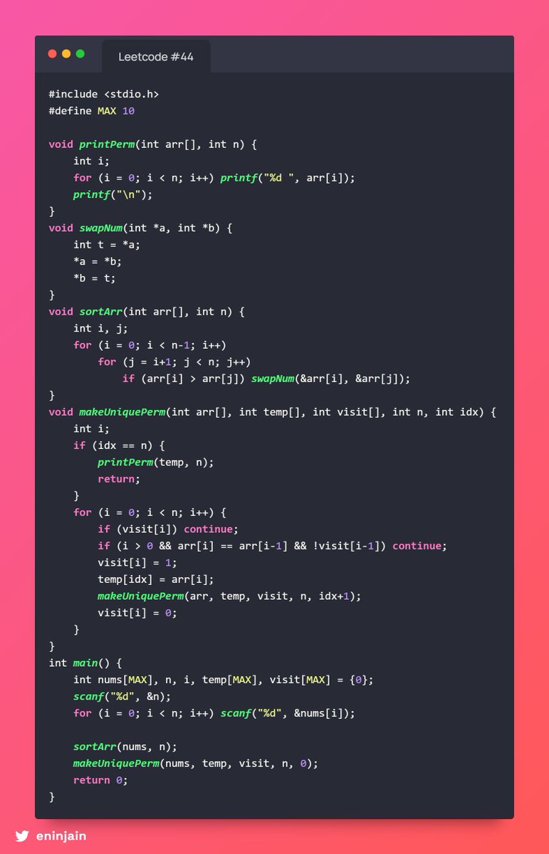eninjain's tweet image. 🔢 #47 Permutations II
A forbidden reshuffle ritual 🔮 — conjure all unique orders from numbers with duplicates! ⚠️ Sort 🔃, backtrack 🔁, and skip twin runes 🛡️. Collect unrepeatable scrolls 📜.
Time: O(n×n!) Space: O(n)
#LeetCodeMagic #UniqueSpells