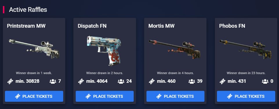We got some juicy skins for you up in the raffle.
How to get tickets? Just by playing on our Servers.

Check out how you can get more Tickets here ⬇️
🎫pracc.com/play/free-skins