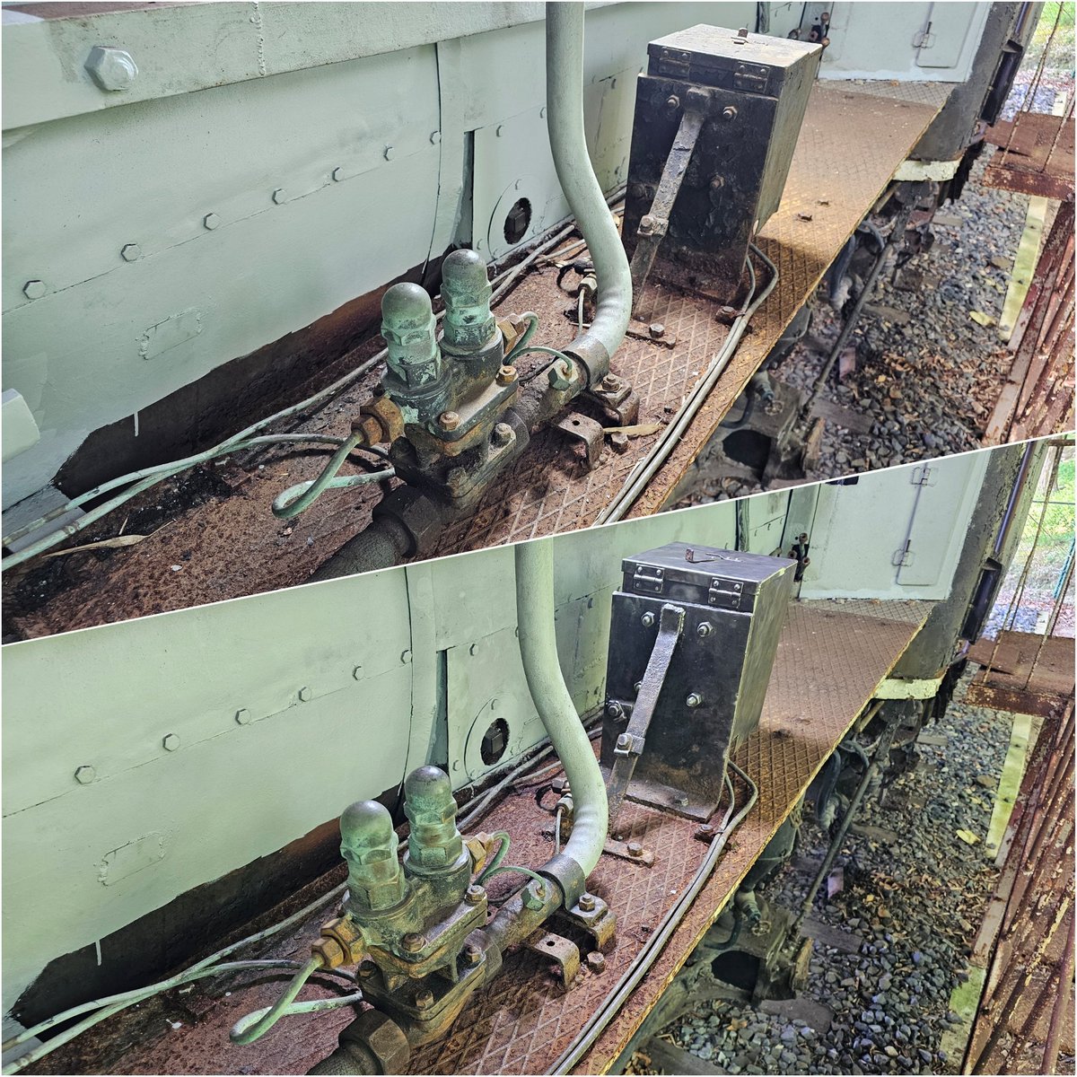 obibi_vivio's tweet photo. 今日も暑い中 #C57110 へ
運転席前の油ポンプと調圧器のケレンと下塗りを休憩しながらのんびりと
・・・してると周りが賑やかに
隣街の署を含む救急車4台とレスキュー1台が順次到着
こんな暑い日に屋外で試合(大会?)やったらアカンよね~
#和歌山県
#橋本市
#蒸気機関車
#C57
#猛暑 https://t.co/PfWxfWapOP