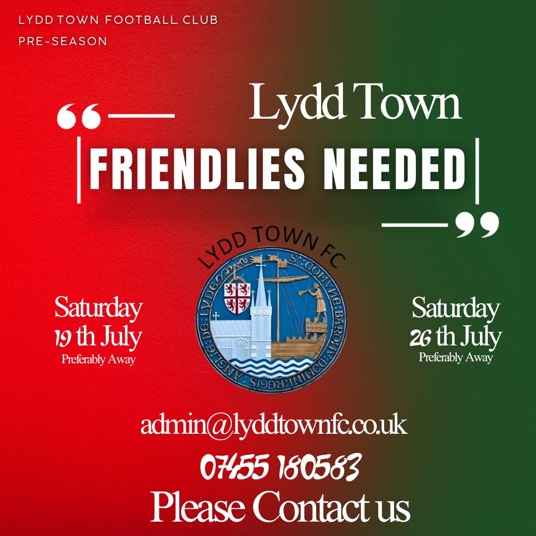 Lydd Town FC (@lyddtownfc) on Twitter photo Lydd Town First Team are looking for two Pre Season fixtures ahead of the 25/26 Season. (Preferably both to be played Away)
Saturday 19th July
Saturday 26th July
<a href="/SCEFLeague/">Presence & Co. SCEFL League</a>
If interested please contact the number / email below 👇
#upthelydders Lydd Town First Team are looking for two Pre Season fixtures ahead of the 25/26 Season. (Preferably both to be played Away)
Saturday 19th July
Saturday 26th July
<a href="/SCEFLeague/">Presence & Co. SCEFL League</a>
If interested please contact the number / email below 👇
#upthelydders