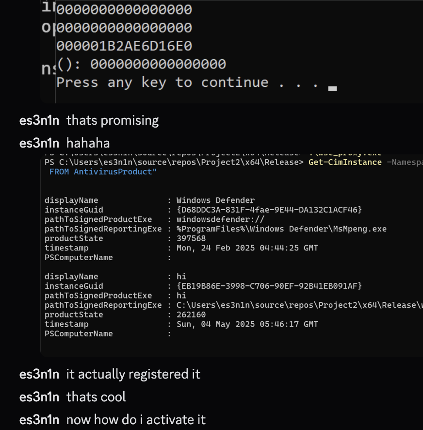 How I ruined my vacation by reverse engineering WSC. 

blog.es3n1n.eu/posts/how-i-ru…

TLDR: This post will briefly describe the journey implementing defendnot, a tool that disables Windows Defender by using the Windows Security Center (WSC) service API directly.
