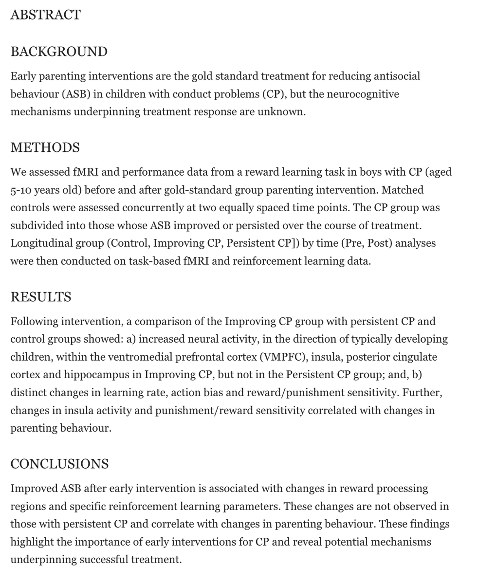 PsychopathyIs's tweet image. A group parenting intervention results in reduced antisocial behavior in children that corresponds with normalized brain activation patterns and reinforcement learning parameters. Changes in parenting style targeted by the intervention correlated with some of these changes.