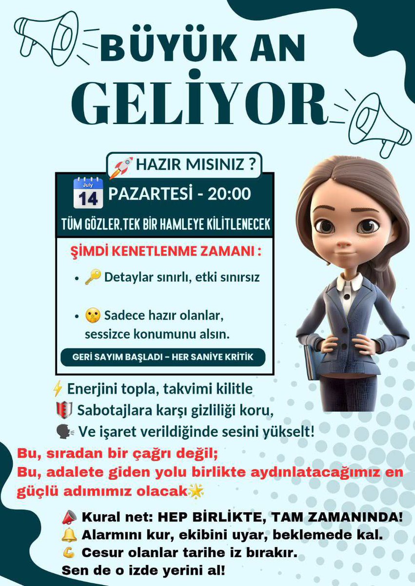 🕵️‍♂️ 1. ÖNEMLİ DUYURU 

📣 Pazartesi Akşamı Hazır Olun!

Çok önemli, çok güçlü bir adım için hazırlanıyoruz…
Bu sefer sadece konuşmak yok, birlikte harekete geçeceğiz!

📆 7 Temmuz Pazartesi
⏰ 20:00’de hep birlikte
📍 Detaylar çok yakında…

👁‍🗨 Takipte kalın.
🧩 Parçalar