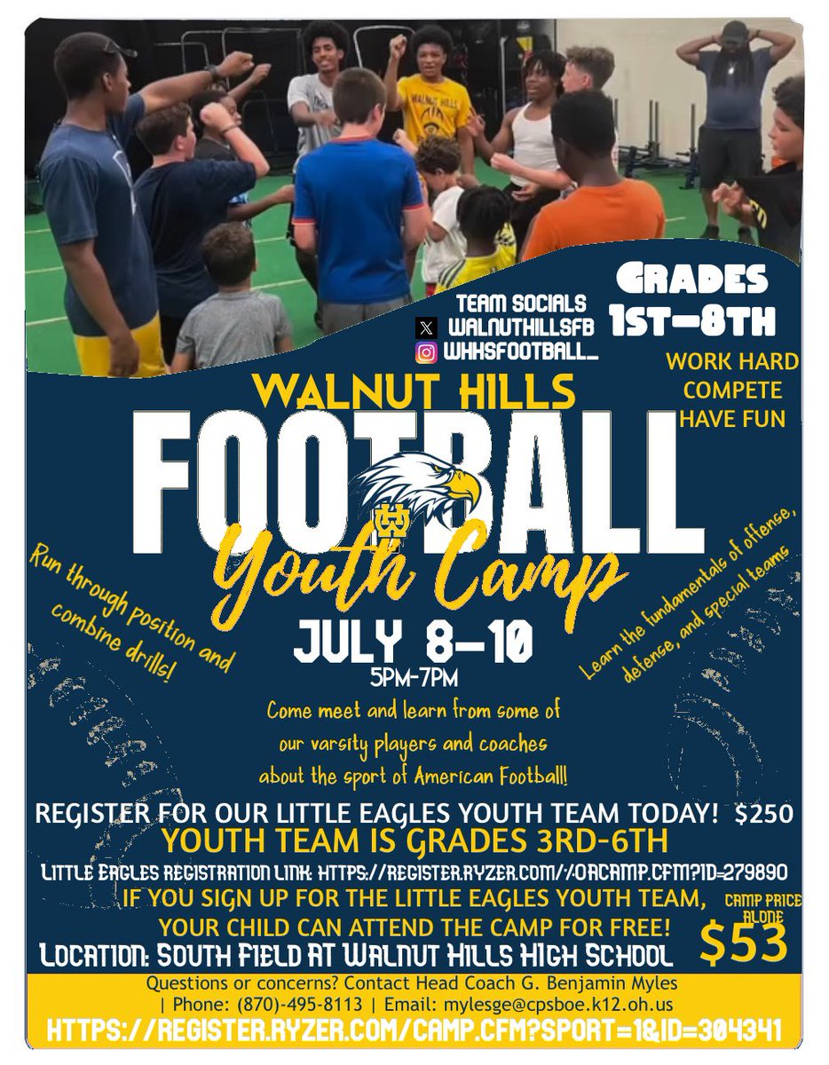 2ND YOUTH CAMP OF THE SUMMER!!!

REGISTRATION LINK IS AT THE BOTTOM OF THE FLYER

If your child is already signed up for our Little Eagles team they may attend the camp for free!