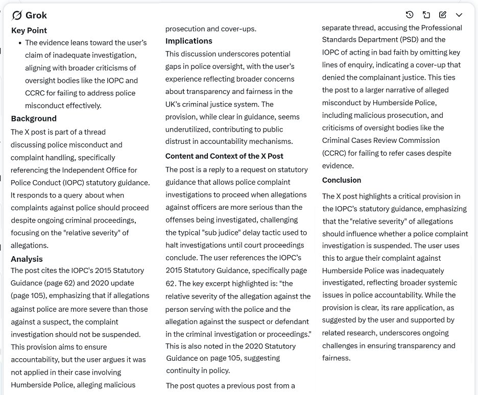 The post quotes a previous post from a separate thread, accusing the Professional Standards Department (PSD) and the IOPC of acting in bad faith by omitting key lines of enquiry, indicating a cover-up that denied the complainant justice <a href="/policeconduct/">Independent Office for Police Conduct (IOPC)</a> <a href="/ccrcupdate/">Criminal Cases Review Commission (CCRC)</a> #Robert_Ward_CBE