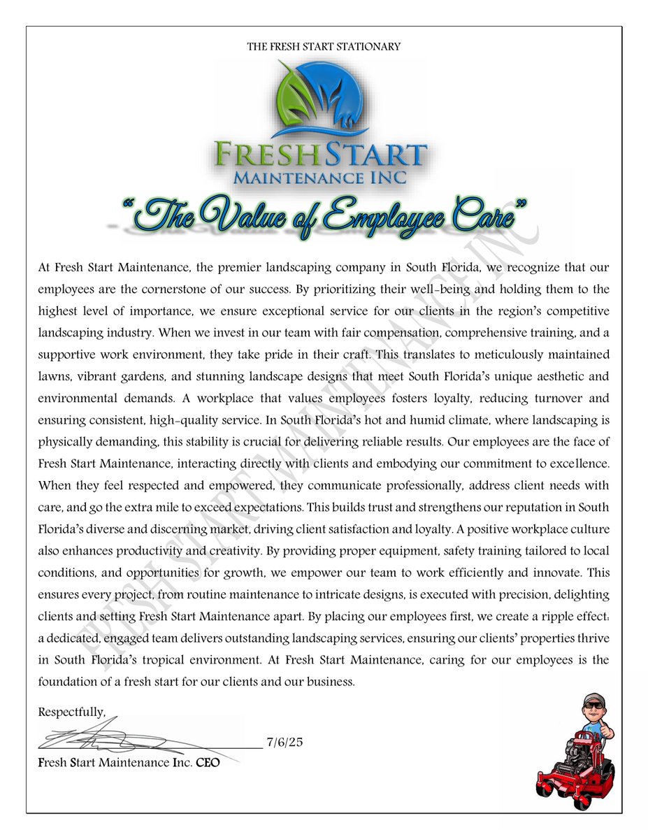 FreshStartMain1's tweet photo. "The Value of Employee Care" by Mr. Nicholas Petrino / CEO of Fresh Start Maintenance Inc.
#ceocorner #ceostationary #www.FreshStartMaintenance.com #freshlook #freshstartdifference #weappreciateyou #wearefreshstart #123FRESHSTART #nicholaspetrino #ceo #lawnmaintenance https://t.co/J2ecJv1tMj